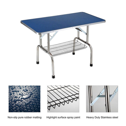 Large 46-inch blue pet grooming table with adjustable arm, stainless steel legs, and skid-resistant rubber surface for dogs and cats