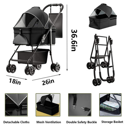 Black 2-in-1 folding dog cart with mesh ventilation, detachable cloths, double safety buckle, and storage basket, foldable pet stroller with four wheels and sun visor