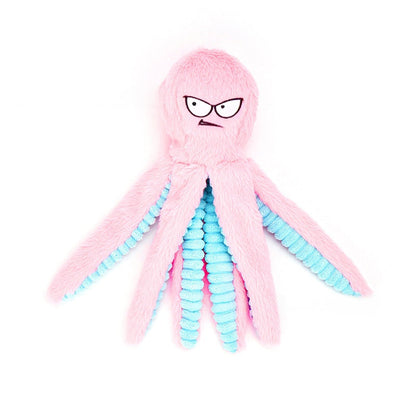 Pink and blue octopus-shaped indestructible plush dog toy with squeaky sound and bite-resistant features