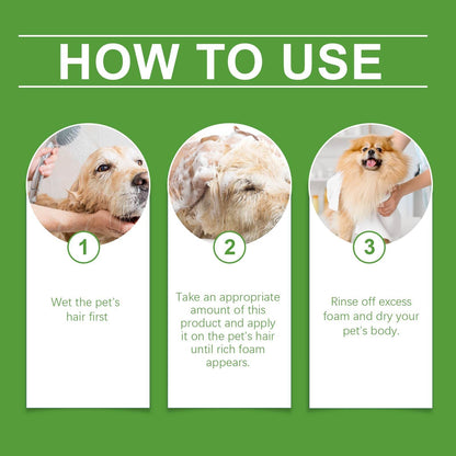 Pet Wash & Care 2-in-1 dog and cat body wash bottle with label and product ingredients description