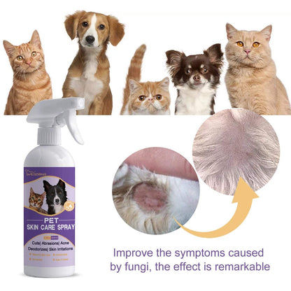 Pet Skin Relief Spray for dogs and cats relieves itching, treats fungal symptoms, and cleans skin with visible improvement.