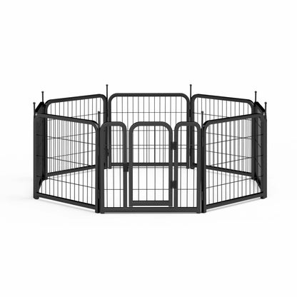 Black 8-panel portable iron dog fence 24 inch high with gate for small pets indoor and outdoor use