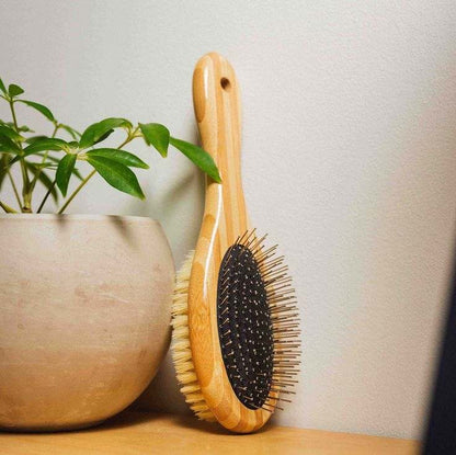 Bamboo two-sided pet brush with bristle and wire for shedding and detangling