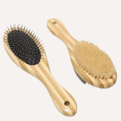 Bamboo two-sided pet brush with bristle and wire for shedding and detangling