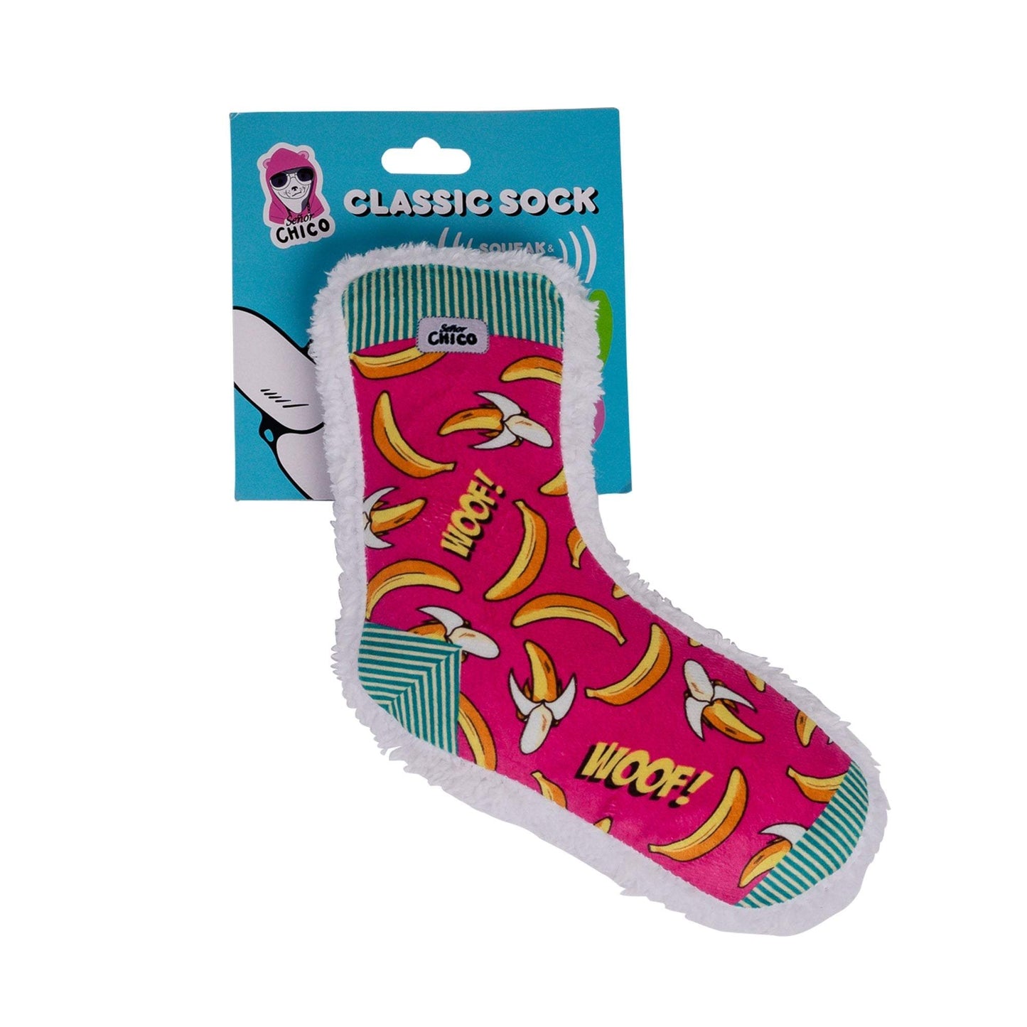 Squeaky Sock Plush Dog Toy in banana design with built-in squeaker and crinkle paper, soft and durable plush material for moderate chewers.