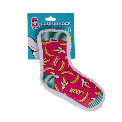 Squeaky Sock Plush Dog Toy in banana design with built-in squeaker and crinkle paper, soft and durable plush material for moderate chewers.