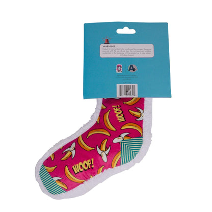 Squeaky Sock Plush Dog Toy banana design with squeaker and crinkle paper for interactive play