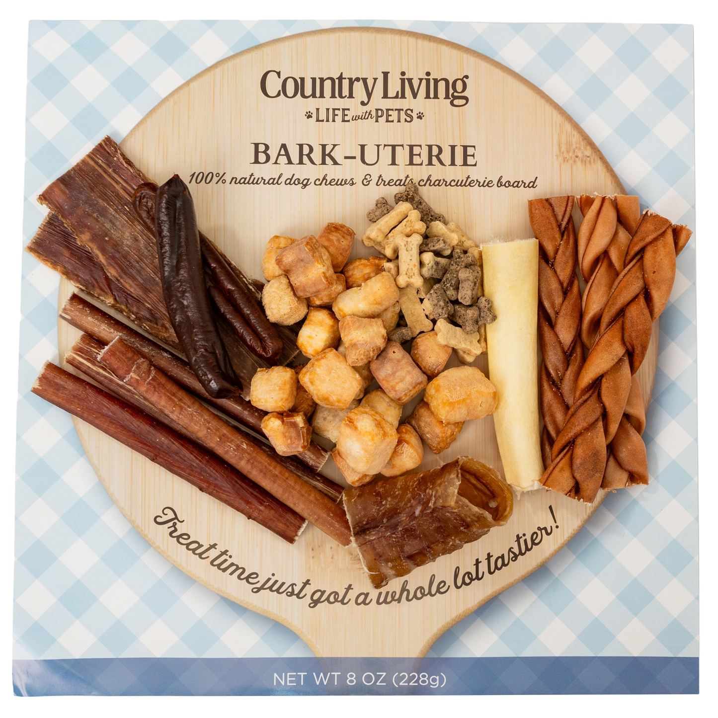 Country Living Bark-Uterie Board natural dog treats variety with chew sticks and biscuits on rustic wooden board