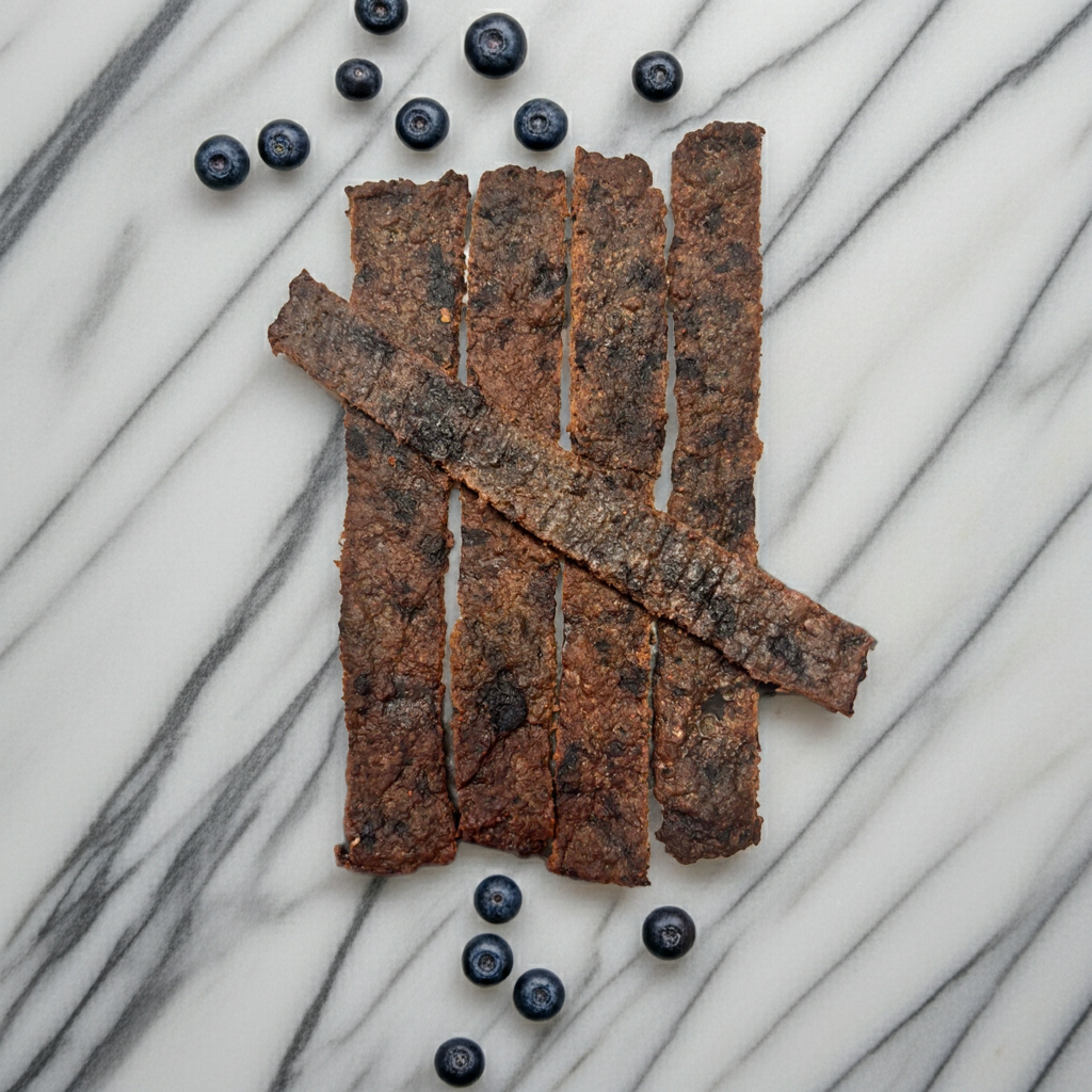 Organic blueberry dog bones treats with real blueberries on marble background