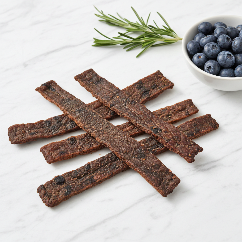 Organic Blueberry Dog Bones with fresh blueberries and rosemary on marble surface