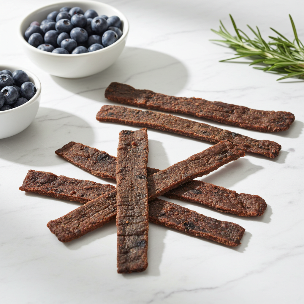 Organic Blueberry Dog Bones handmade crunchy treats with fresh blueberries and rosemary on marble surface
