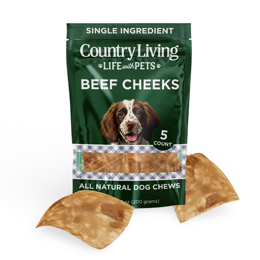 Country Living Beef Cheek Chip 4"x 4" chicken flavor dog treats in resealable 5-count bag with natural, high-protein, rawhide-free chews