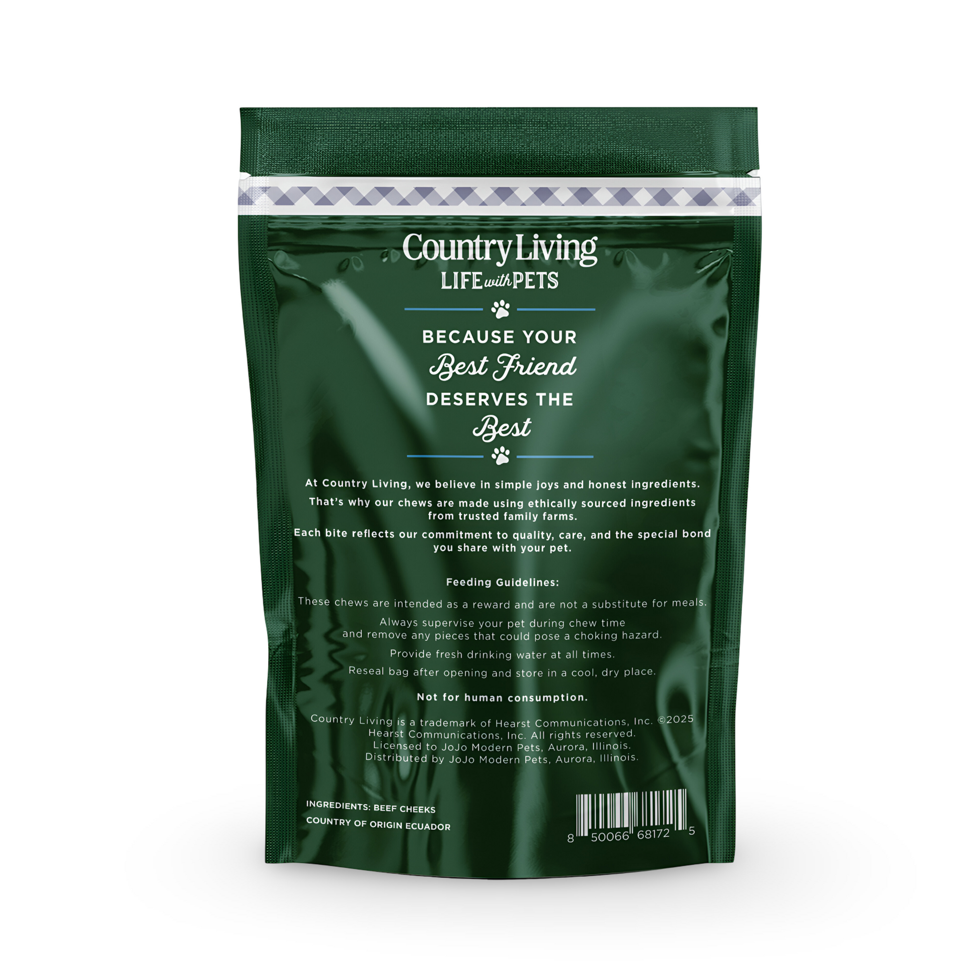 Country Living Beef Cheek Chip 4x4 chicken-flavored dog treats in resealable bag