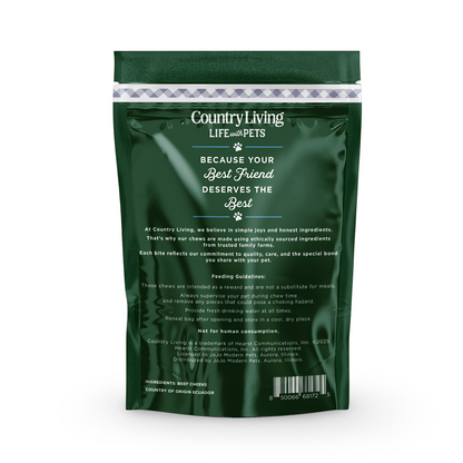 Country Living Beef Cheek Chip 4x4 chicken-flavored dog treats in resealable bag