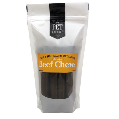 Pack of 6-inch beef chew packs for dogs promoting dental health in resealable bag