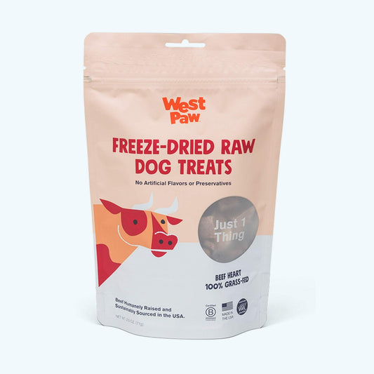 Freeze dried raw dog treats made from 100% natural beef heart in a resealable bag