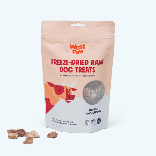 Freeze dried raw dog treats made from 100% natural beef heart in a resealable bag