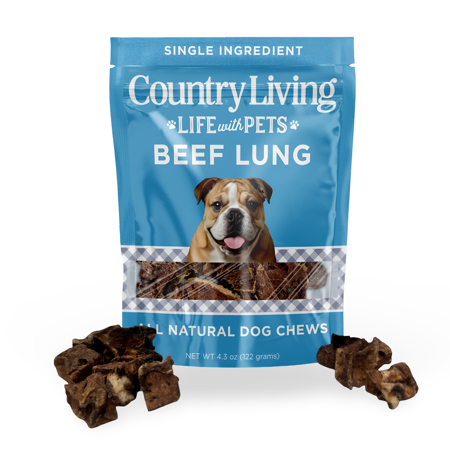 Country Living Beef Lung Slices 4"-6" natural high-protein dog treats in resealable blue bag with bulldog image and crunchy lung pieces.