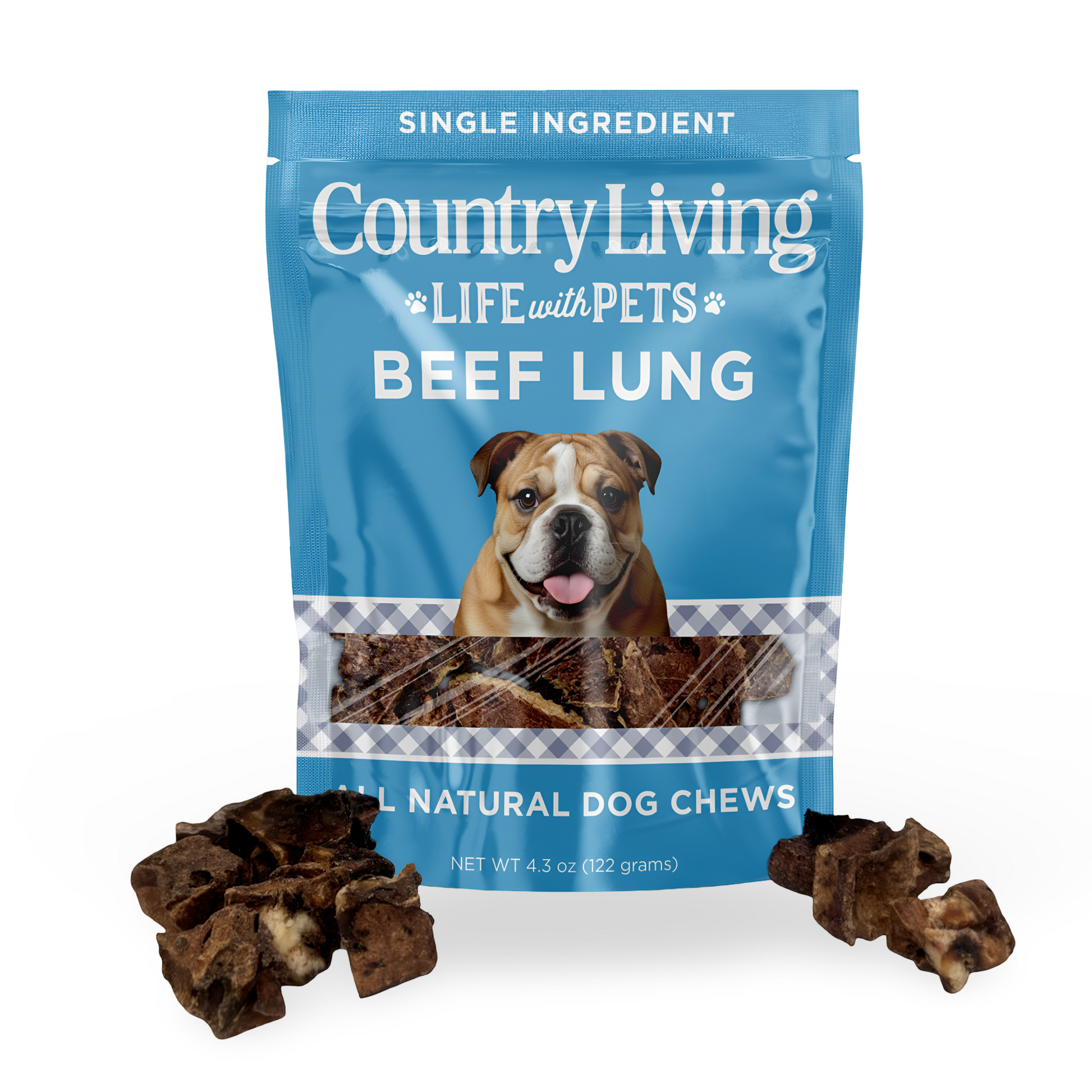 Country Living Beef Lung Slices 4"-6" natural high-protein dog treats in resealable blue bag with bulldog image and crunchy lung pieces.