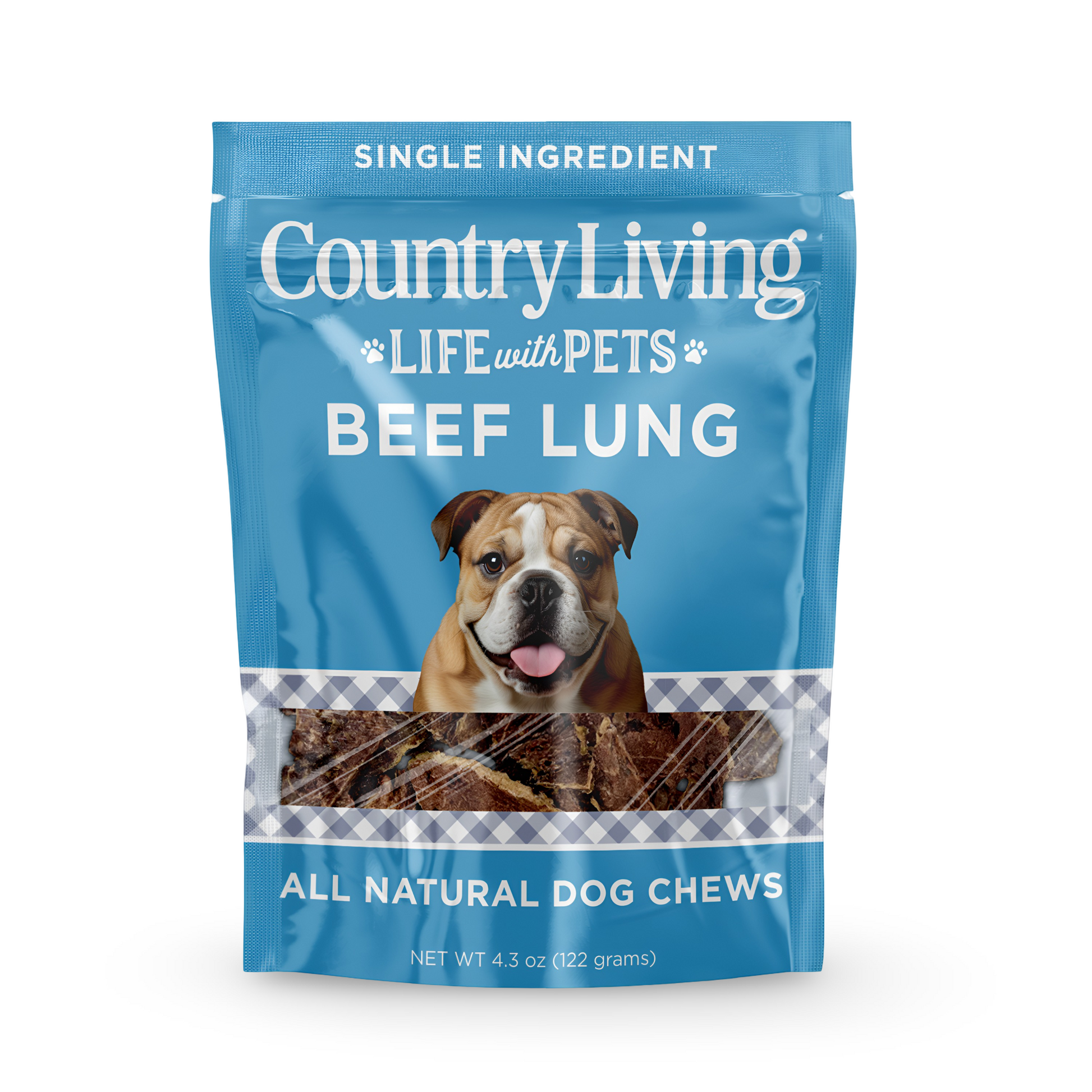 Country Living Beef Lung Slices 4"-6" natural high-protein crunchy dog treats in resealable blue bag