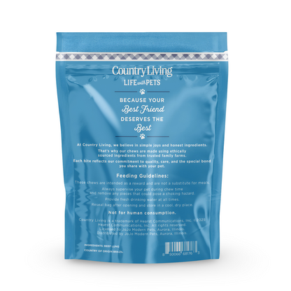 Country Living Beef Lung Slices 4"-6" dog treats in resealable blue 8oz bag, 100% natural, high-protein, grain-free, crunchy and lightweight