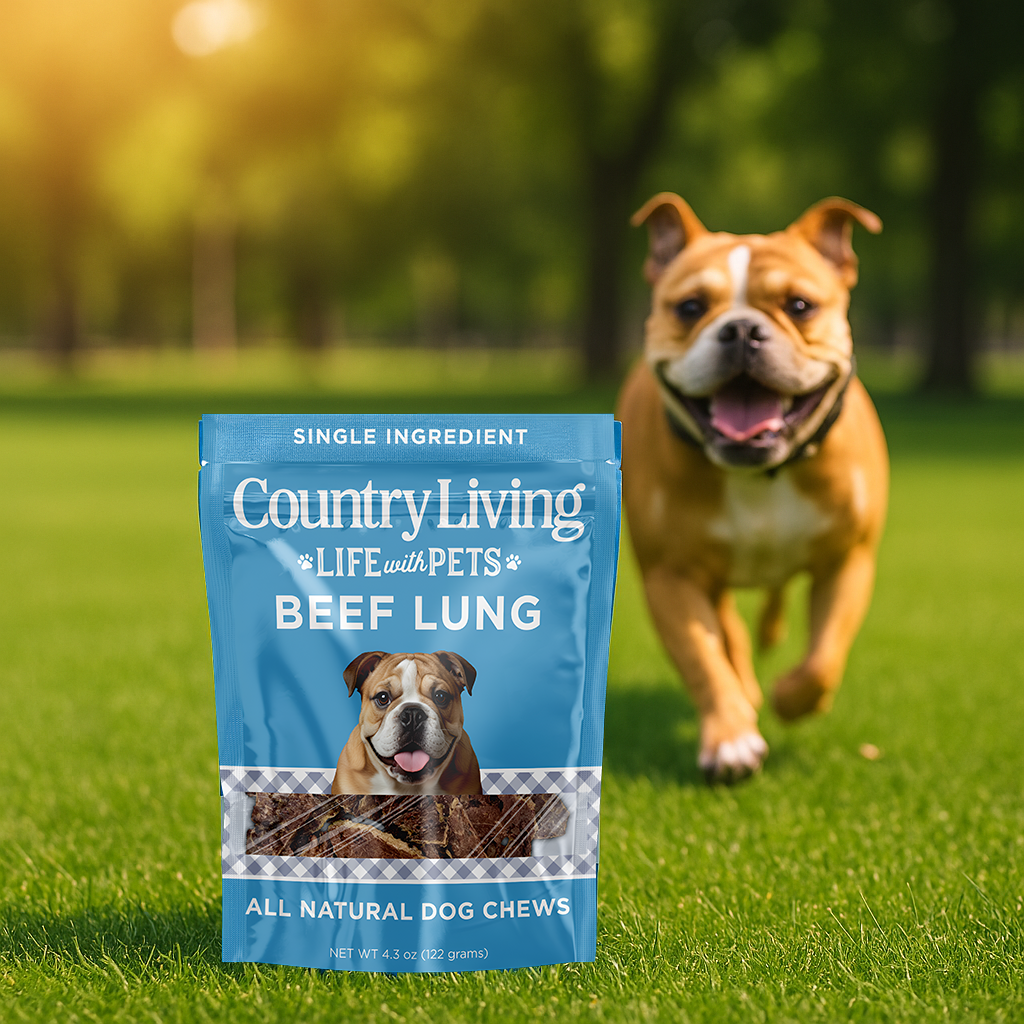 Country Living Beef Lung Slices 4"-6" natural high-protein crunchy dog treats in blue resealable bag with dog running on grass background