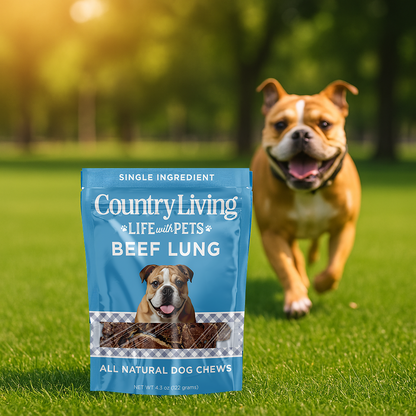 Country Living Beef Lung Slices 4"-6" natural high-protein crunchy dog treats in blue resealable bag with dog running on grass background