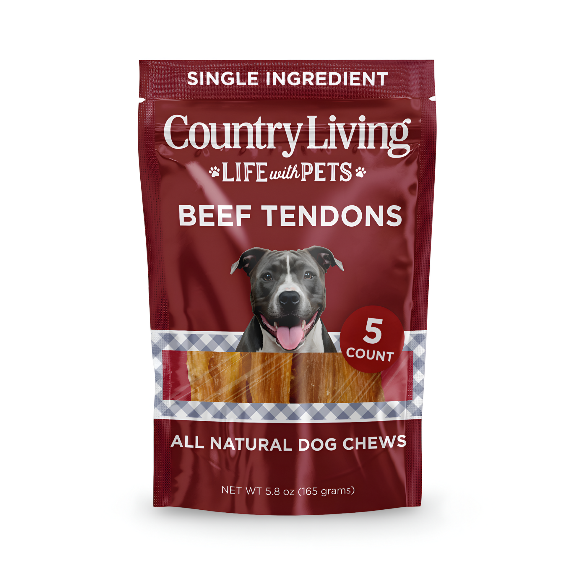 Country Living Beef Backstrap Tendon 5 count all-natural high-protein dog chews in resealable bag