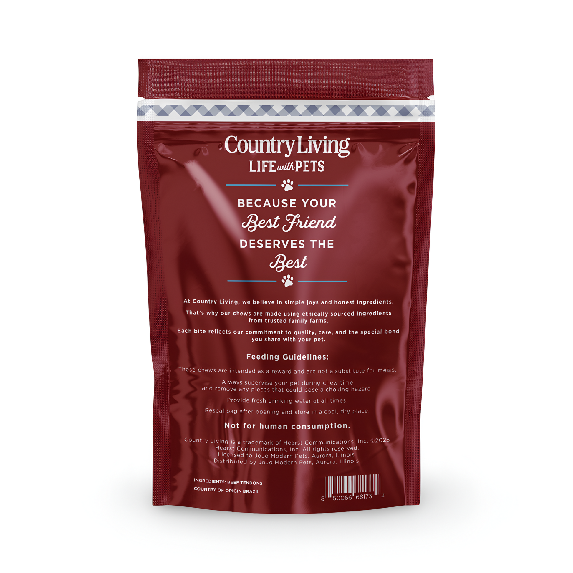 Country Living Beef Backstrap Tendon dog chews in resealable 5-count bag, natural high-protein treats for dental health and chewing satisfaction