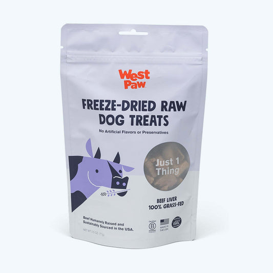 Freeze dried raw dog treats made from 100% grass-fed beef liver in resealable bag