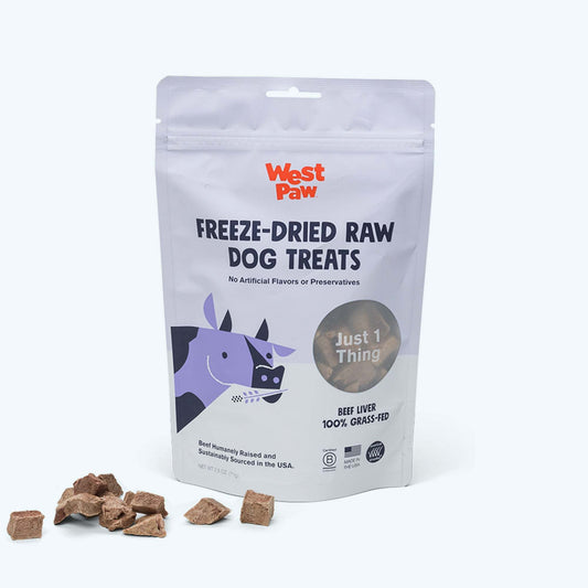 Freeze dried raw dog treats made from 100% grass-fed beef liver in a resealable bag