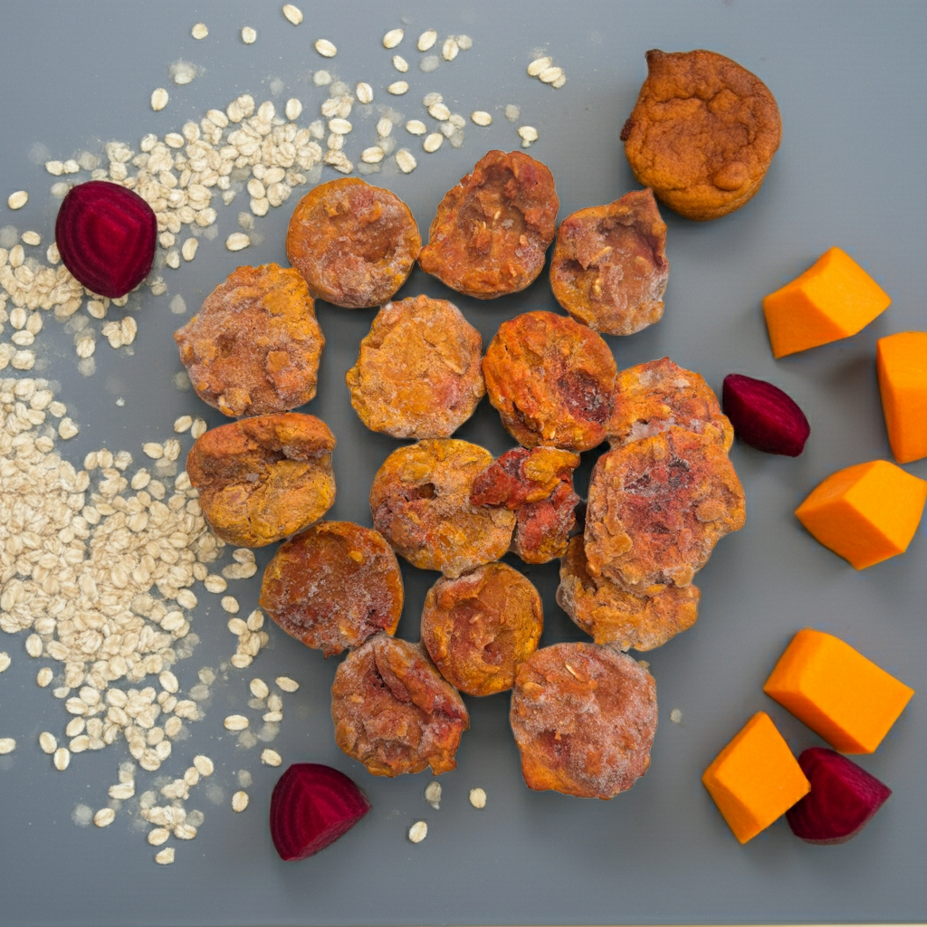 Organic beet pumpkin muffins dog treats in resealable bag with natural ingredients
