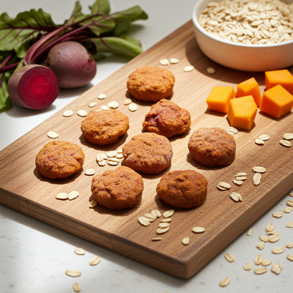 Organic beet pumpkin muffins dog treats made with oats and cinnamon for healthy digestion and coat