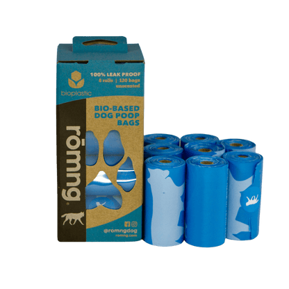 Eco-friendly bio-based dog poop bags in blue rolls with sustainable packaging and leak-proof design