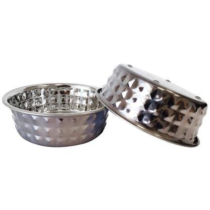 Country Living hammered stainless steel dog bowls set with diamond texture and black pearl finish