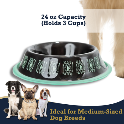 Non-Skid Boho Stainless Steel Dog Bowl with whimsical unicorn design and silicone base for medium dogs, 24oz capacity