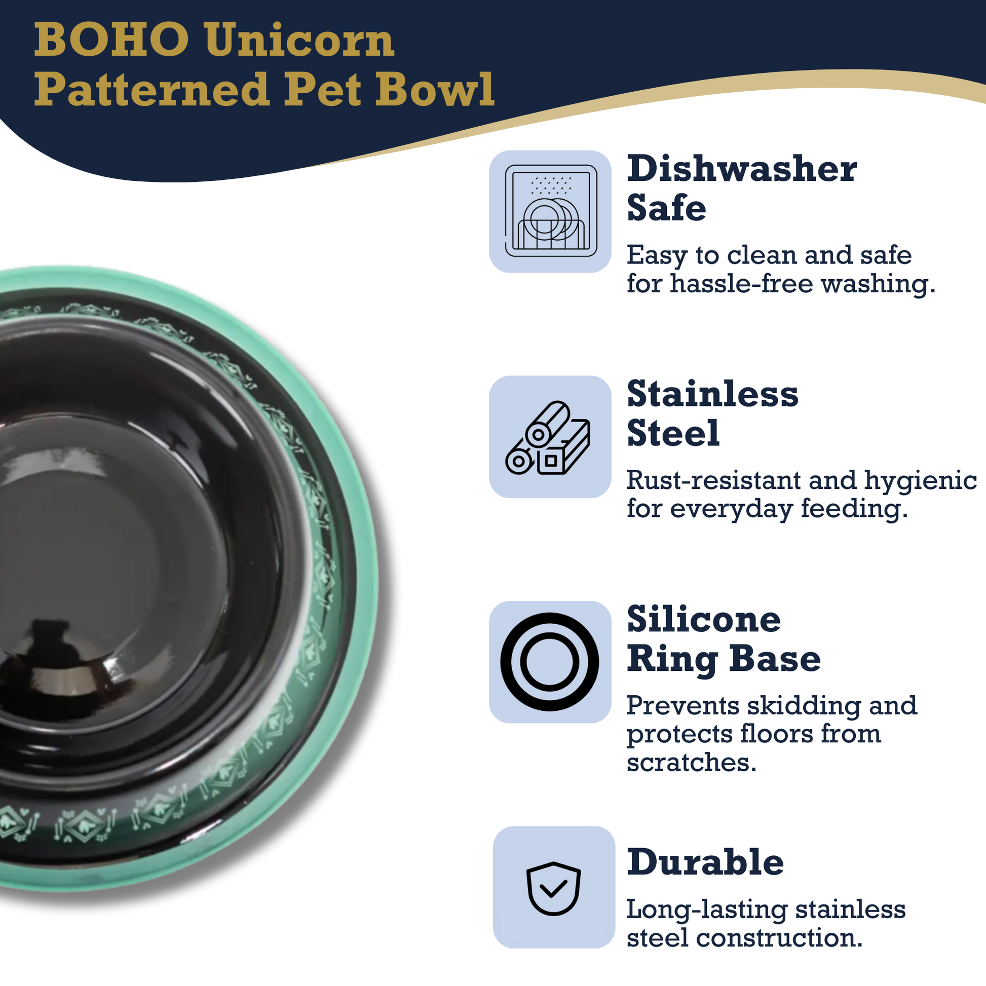 Non-skid boho stainless steel dog bowl with whimsical unicorn design and silicone base for medium dogs, dishwasher safe and durable.