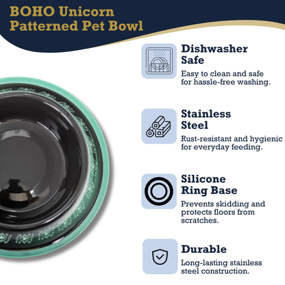 Non-skid boho stainless steel dog bowl with whimsical unicorn design and silicone base for medium dogs, dishwasher safe and durable.