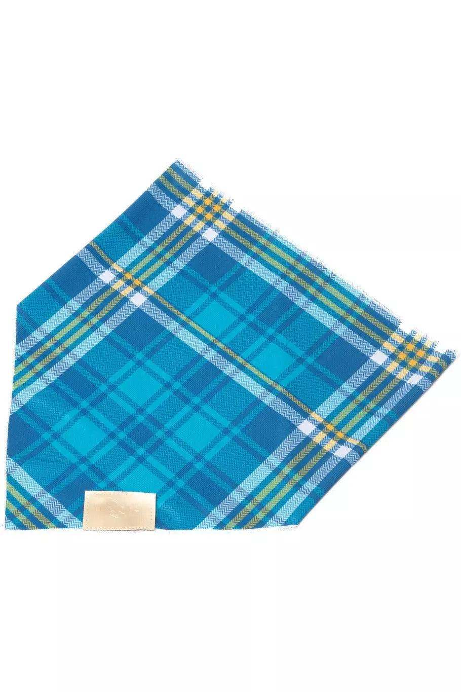 Blue spruce plaid dog bandana made of quick-drying, lightweight, breathable fabric with stretchy fit and vibrant colors