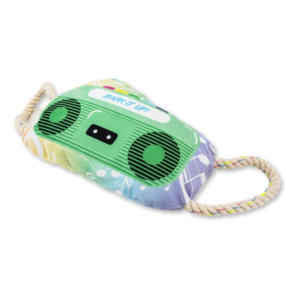Retro Boombox Plush Dog Toy with squeaker and crinkle paper for durable, nostalgic play