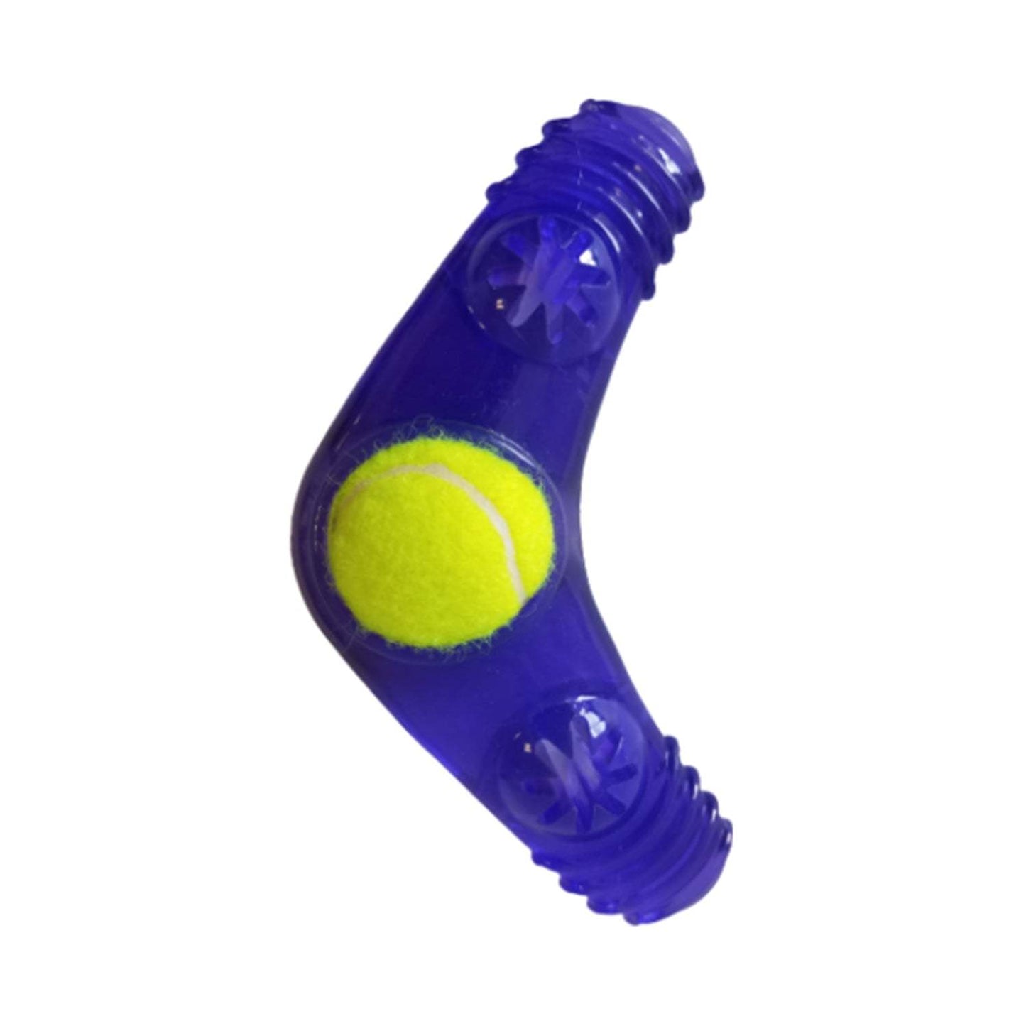 Purple boomerang dog chew toy with embedded yellow tennis ball for medium to large dogs