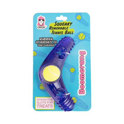 TPR Boomerang dog chew toy with removable squeaky tennis ball and treat slots in blue packaging