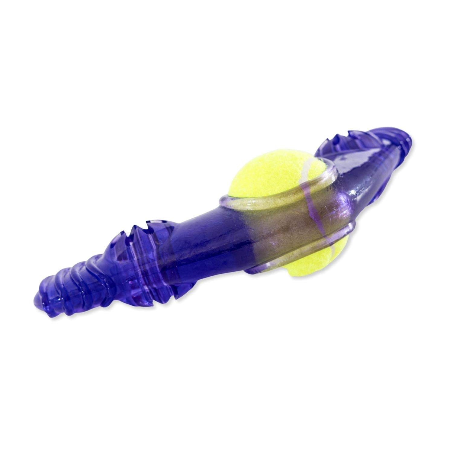 TPR Boomerang Dog Chew Toy with removable squeaker tennis ball and treat fill, durable purple textured chew toy for dogs