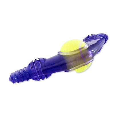 TPR Boomerang Dog Chew Toy with removable squeaker tennis ball and treat fill, durable purple textured chew toy for dogs