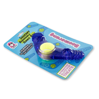 TPR Boomerang Dog Chew Toy with removable squeaker tennis ball and treat slots for interactive play
