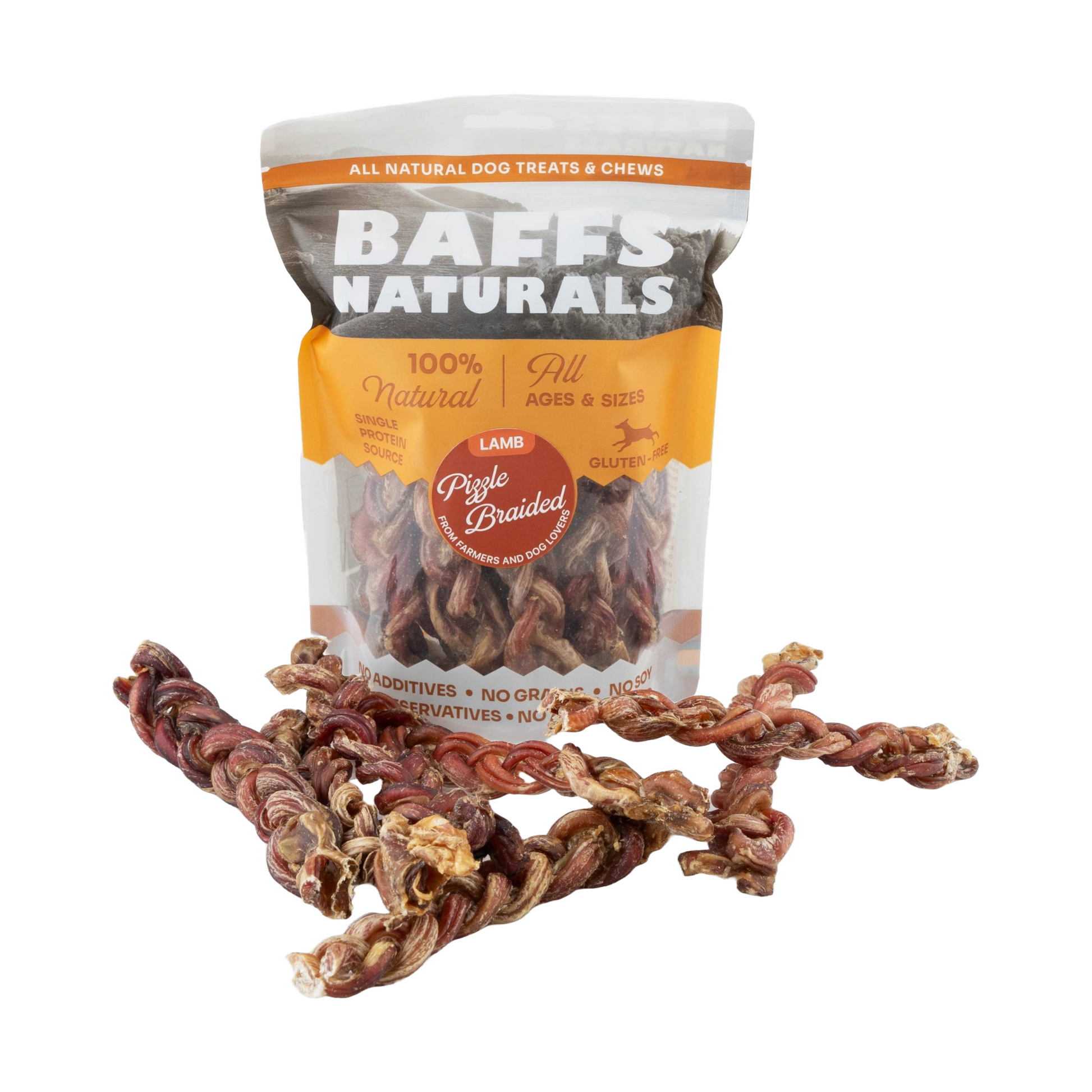 BAFFS NATURALS braided lamb pizzle dog chews in resealable 8oz bag, all-natural long-lasting healthy treats for dental care