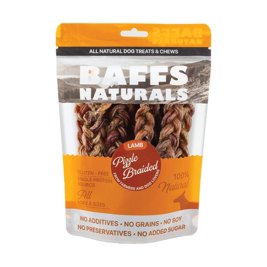BAFFS NATURALS braided lamb pizzle dog chews in resealable 8oz bag, all-natural, high-protein treat promoting dental health