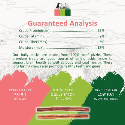 All-Natural Beef Bully Stick Dog Treats - 12-Inch Jumbo Dental Chews
