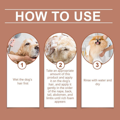 Instructions for using gentle cleansing shampoo for dogs with images of applying shampoo and rinsing