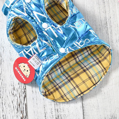 Blue padded dog vest with yellow plaid lining for small dogs and puppies